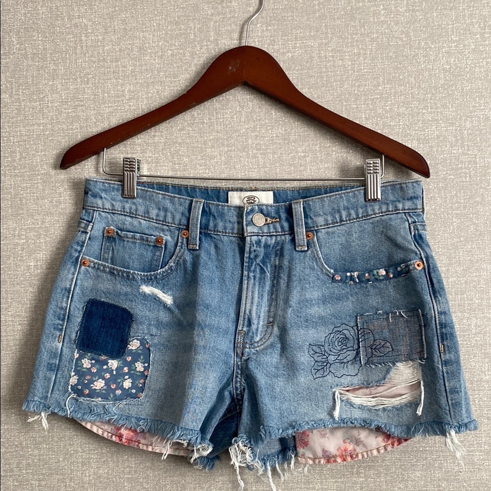Laura Ashley Lucky Brand Blue Jean Shorts with Frayed Hem and Patchwork Accents